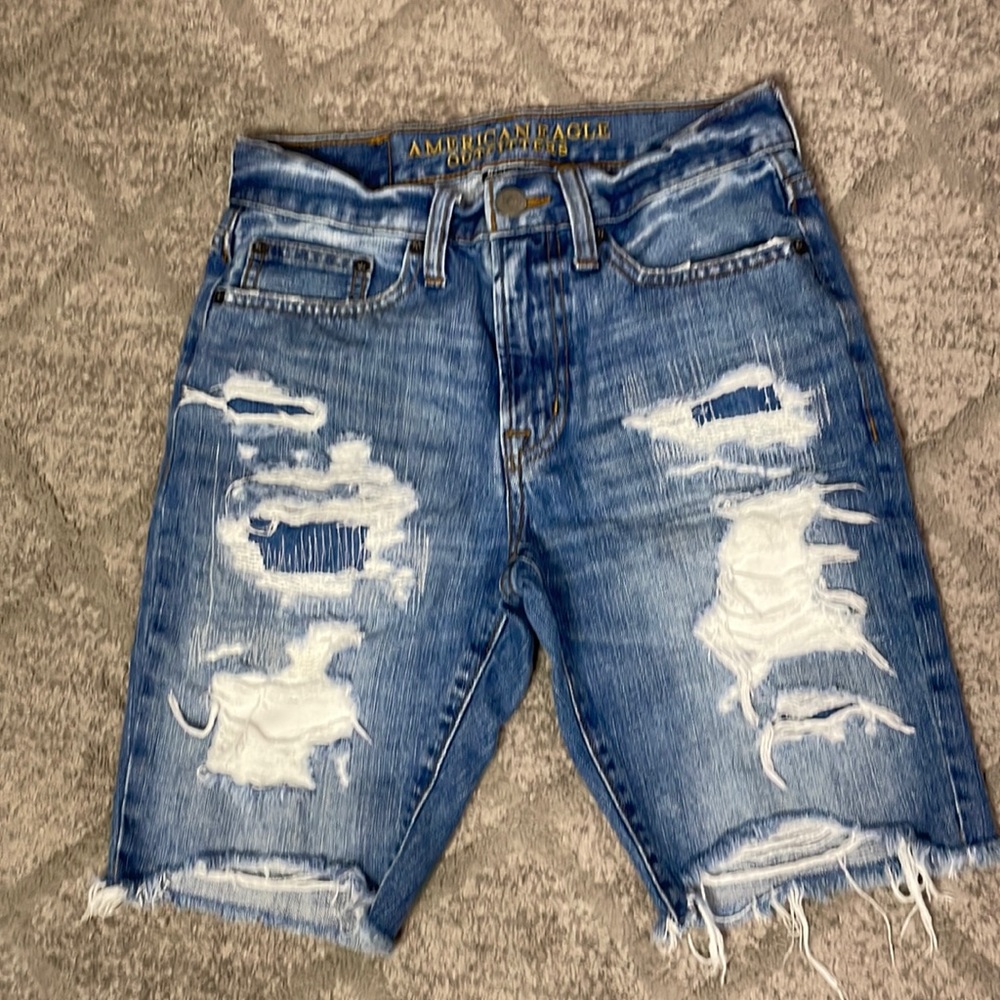 AEO slim straight distressed cut off high waist denim shorts 9 inch inseam.